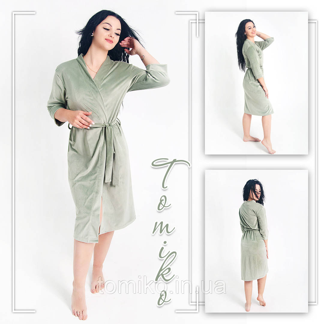 Халат жіночий велюровий на запах колір фісташка, фото 1