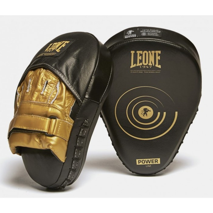 Лапи боксерські шкіряні гнуті Leone Power Line Black чорний з золотим