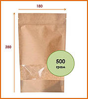 Пакет дой пак крафт с прозрачным окном 180х270 бумажный дой-пак с зип замком застежкой для чая кофе(От 100 шт)