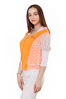 Женский летний комплект-двойка из футболки и кофточки оранжевого цвета со вставками из сетки