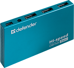 Концентратор USB 2.0 Defender Septima Slim, Cyan, 7xUSB 2.0, зовнішній БП (83505)