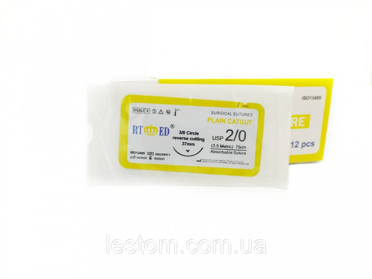 Кетгут звичайний RT-med USP 2/0 (EP 3,5) зі звор. ріж. голкою 37мм 3/8 кола