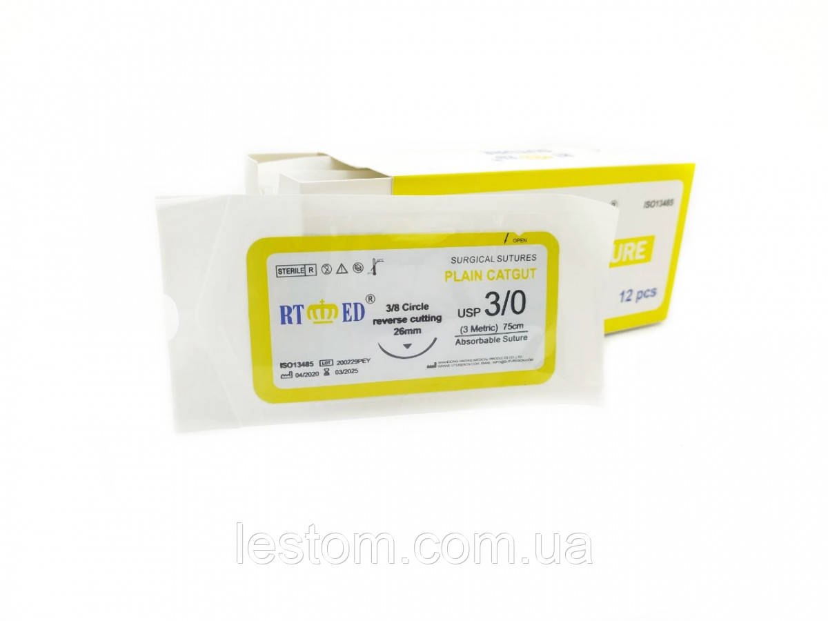 Кетгут звичайний RT-med USP 3/0 (EP 3) зі звор. ріж. голкою 26мм 3/8 кола