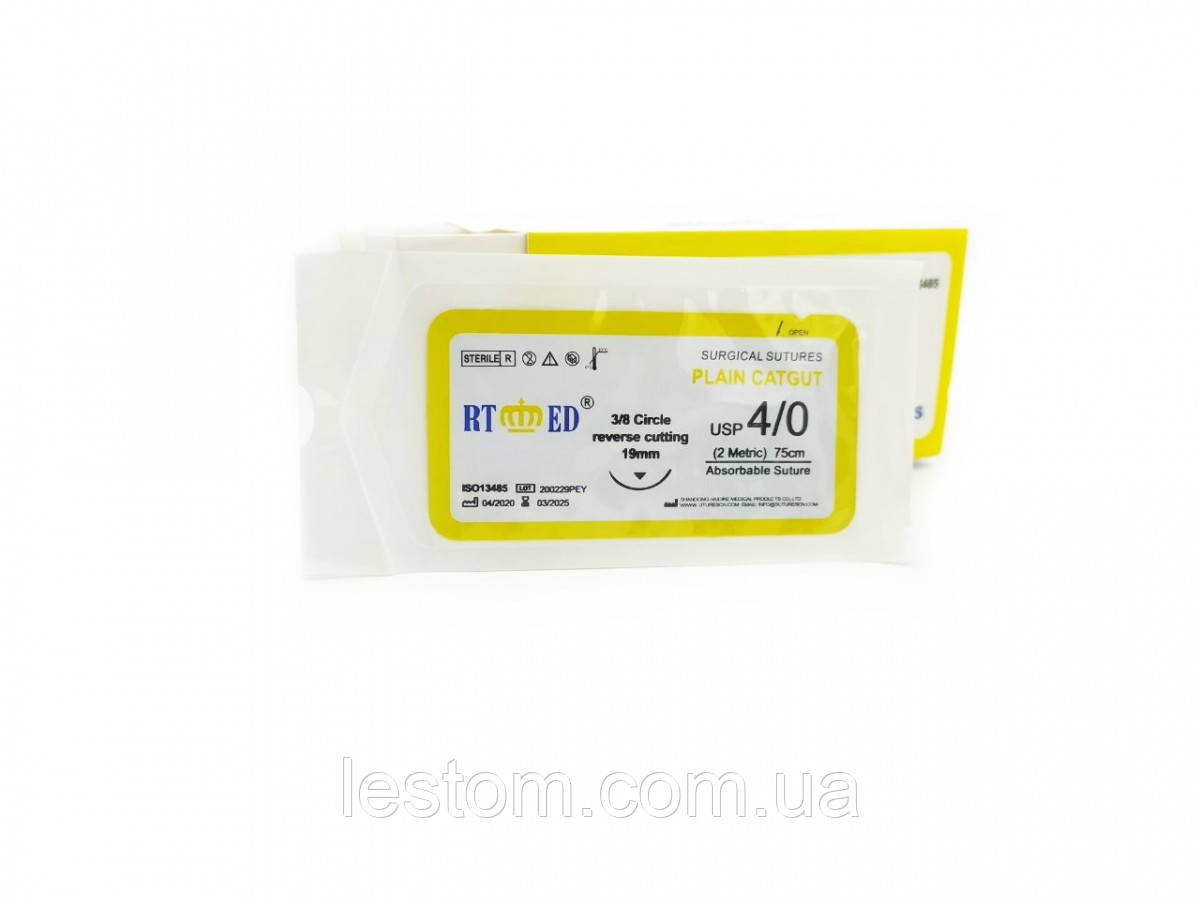 Кетгут звичайний RT-med USP 4/0 (EP 2) зі звор. ріж. голкою 19мм 3/8 кола