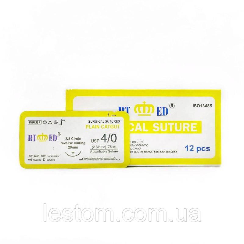 Кетгут звичайний RT-med USP 4/0 (EP 2) зі звор. ріж. голкою 20мм 3/8 кола