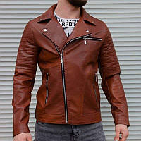 Чоловіча коричнева шкіряна куртка-косуха з шкірозамінника | Байкерська кожанка виробництво Туреччина
