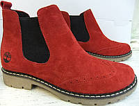 Женские красные ботинки Оксфорд челси 24 натуральный замш весна осень демисезонные полуботинки
