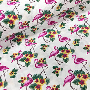 Тканина муслін Двошарова рожеві фламінго з жовтогарячими квітами на білому (шир. 1,6 м) (MS-FR-0173)