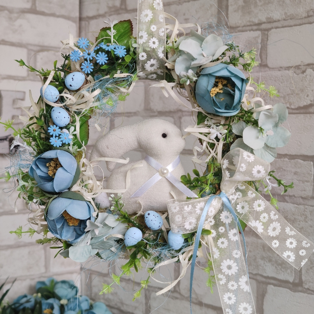 Великодній віночок з кроликом, вінок великодній на двері, Д-27 см, фото 1