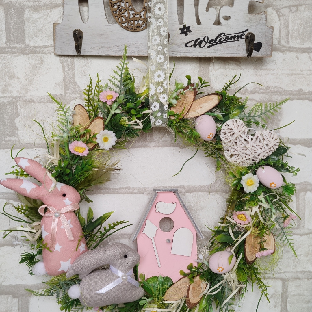 Великодній вінок з кроликами і будиночком, віночок пасхальний, 40-42 см, фото 1