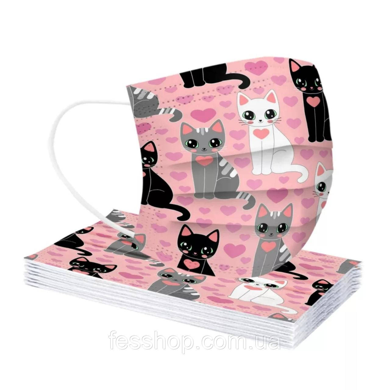 Маска захисна з принтом Cats Pink набір з 10 штук
