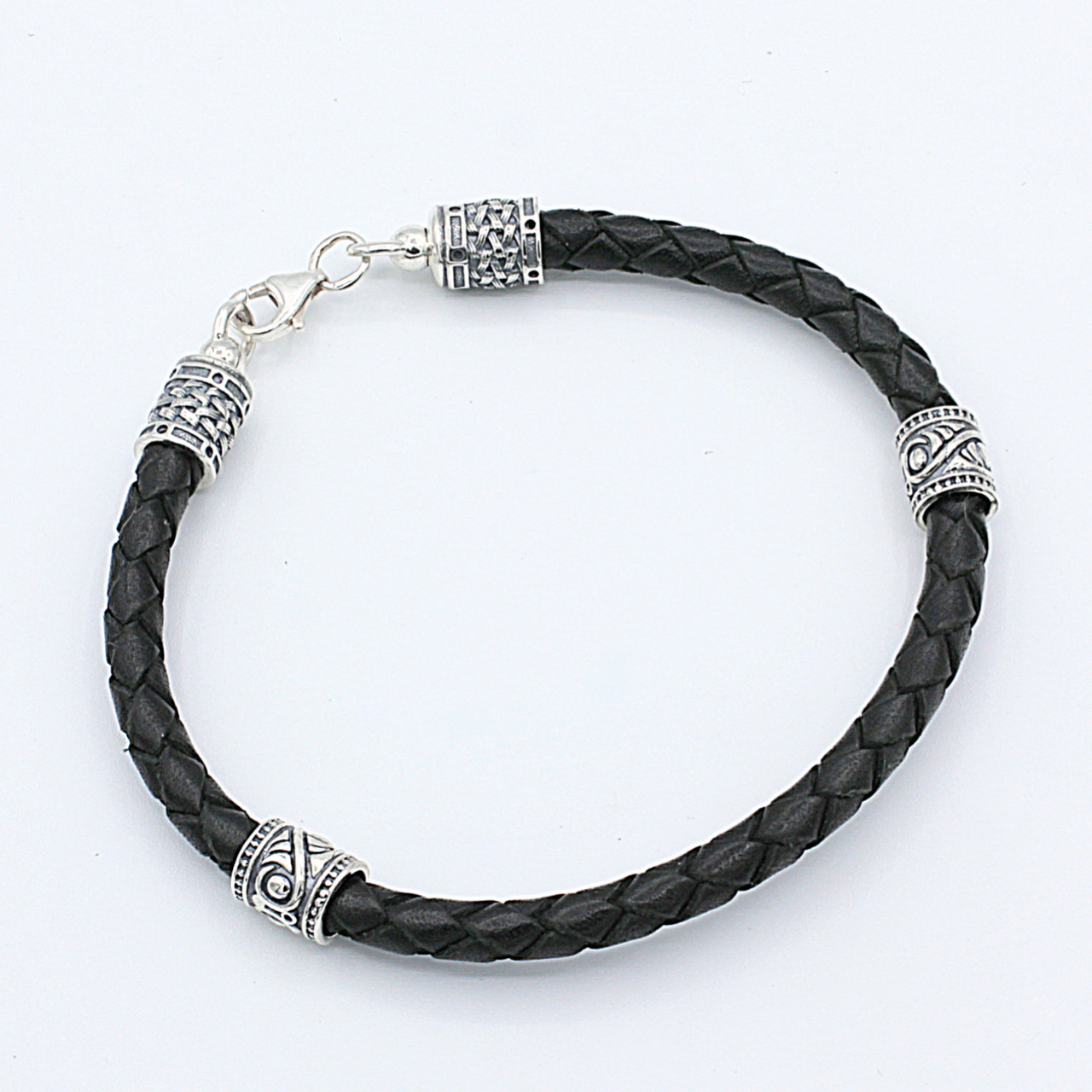 Шкіряний браслет з срібними вставками, фото 1