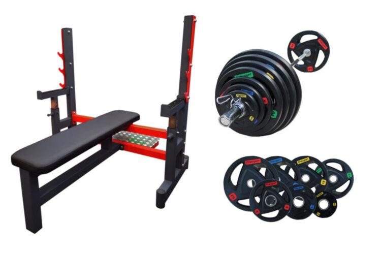 Скамья для Жима + Штанга Профессиональная Обрезиненная 100 Кг Гантели ...