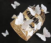 Объемные 3D бабочки на стену (обои) для декора Белые блестящие с белым орнаментом