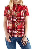 Рубашка женская красная в клетку комбинированая из хлопка и шифона с коротким рукавом