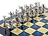 Шахи подарункові імперські Manopoulos Грецька міфологія Бронзові шахи в дерев'яному футлярі 34х34 см Сині, фото 3