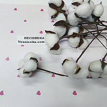 Декоративна гілка з квіткою бавовни на дроті 15 см., 1 шт