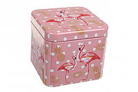 Коробка жестяная "Flamingo" розовая в горошек 7.5*7.5*6.5 см квадратная