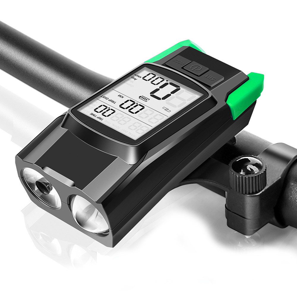 Велосипедний комп'ютер BK-1920 з вело ліхтарем 2 LED Т6 дальній-ближній і дзвінком, green, фото 1