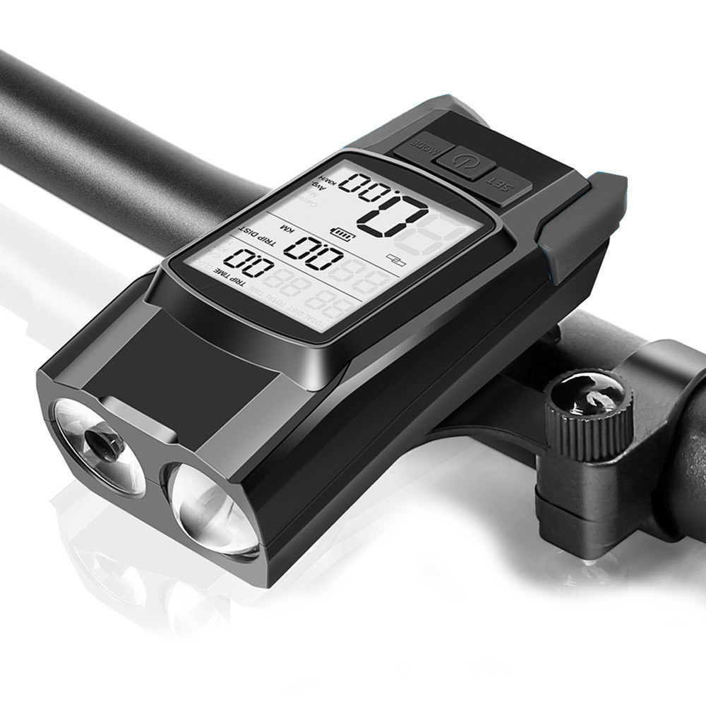 Велосипедний ліхтар BK-1920 з вело комп'ютером і дзвінком, 2 LED дальній-ближній, чорний, фото 1