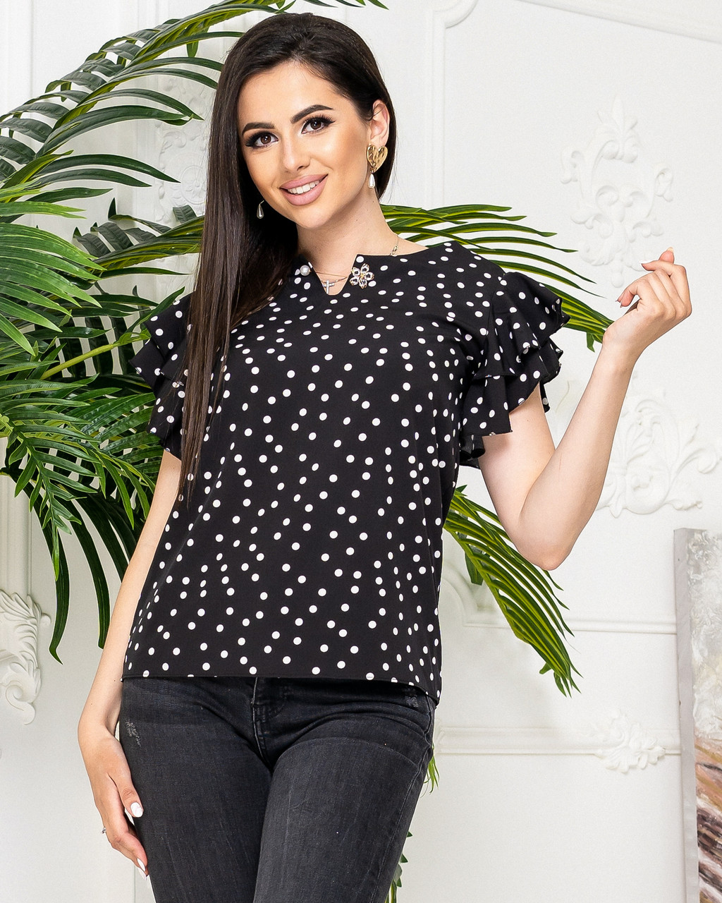 Блуза з воланами чорна/чорного кольору в білий горох арт. 166/1
