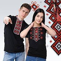 Комплект вышитых футболок для мужчины и женщины (красная вышивка)