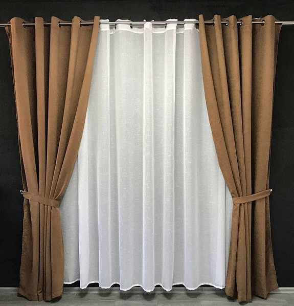 Комплект штор на люверсах з тюлем Штори на люверсах 200х270 + тюль 500х270 Штори з підхватами Колір Кавовий, фото 1