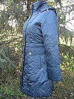 Пальто женское еврозима длинное с капюшоном синее, Пуховик еврозима, Длинная куртка пальто