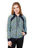 Женская спортивная кофта мастерка из темно-синей и принтованой бирюзовой двунитки с капюшоном