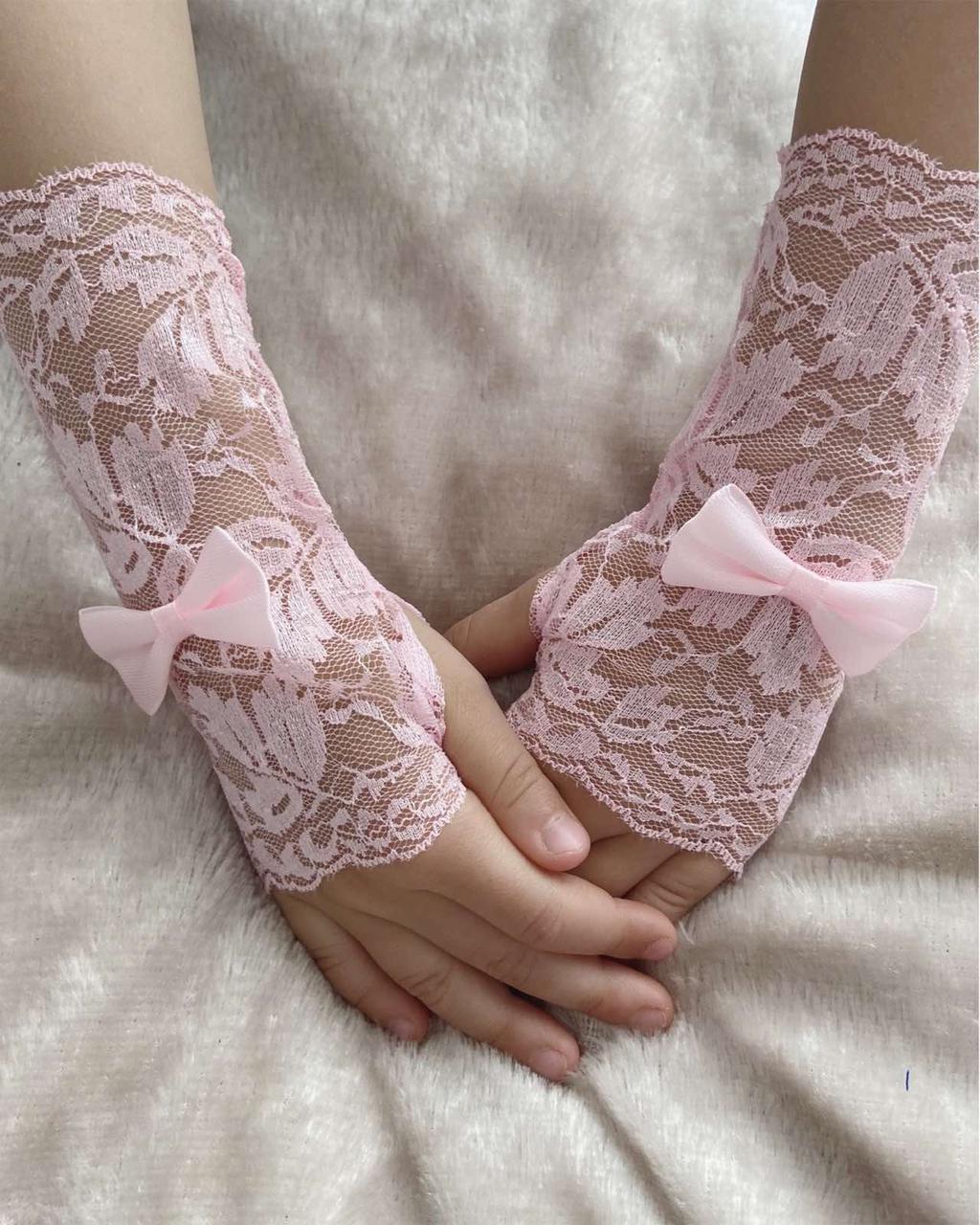 Рукавички-мітенки під бальну сукню для дівчинки Рожеві Гіпюрові мітенки Рукавички-мітенки дитячі, фото 1