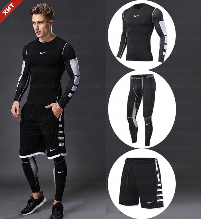 Компрессионная одежда комплект 3 в 1 NIKE (Найк) для тренировок Черный Пакистан "В СТИЛЕ" - фото 1 - id-p1399683317