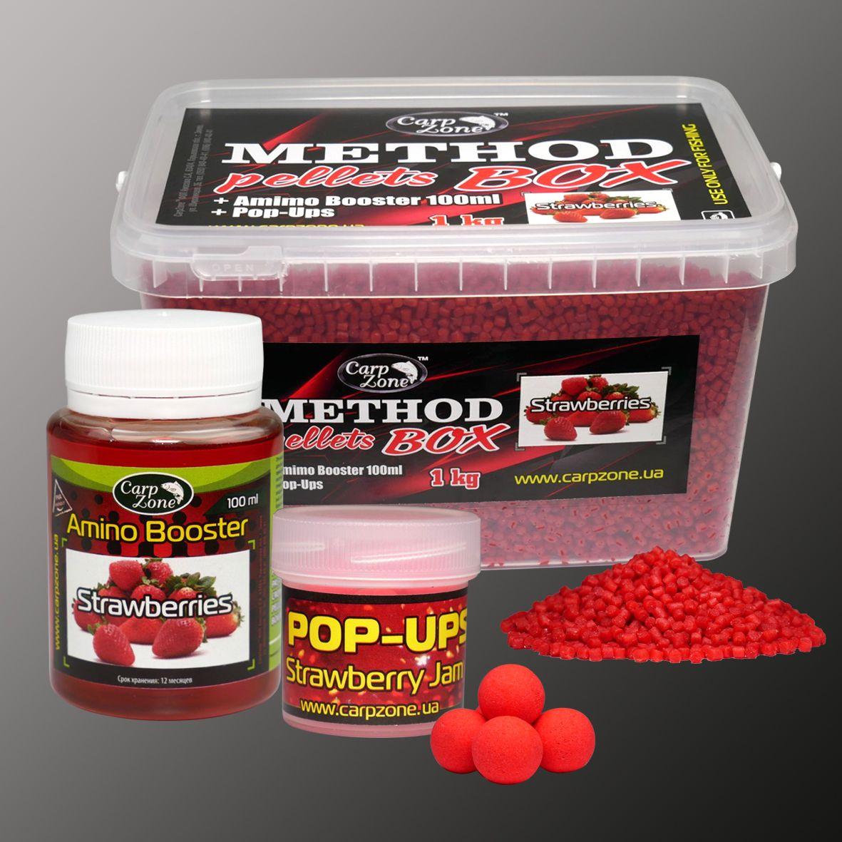 Набір Method Pellets Box Strawberries (Полуниця) 2-3mm/1kg + Amino Booster 100ml + Pop-Ups 8mm/30pc