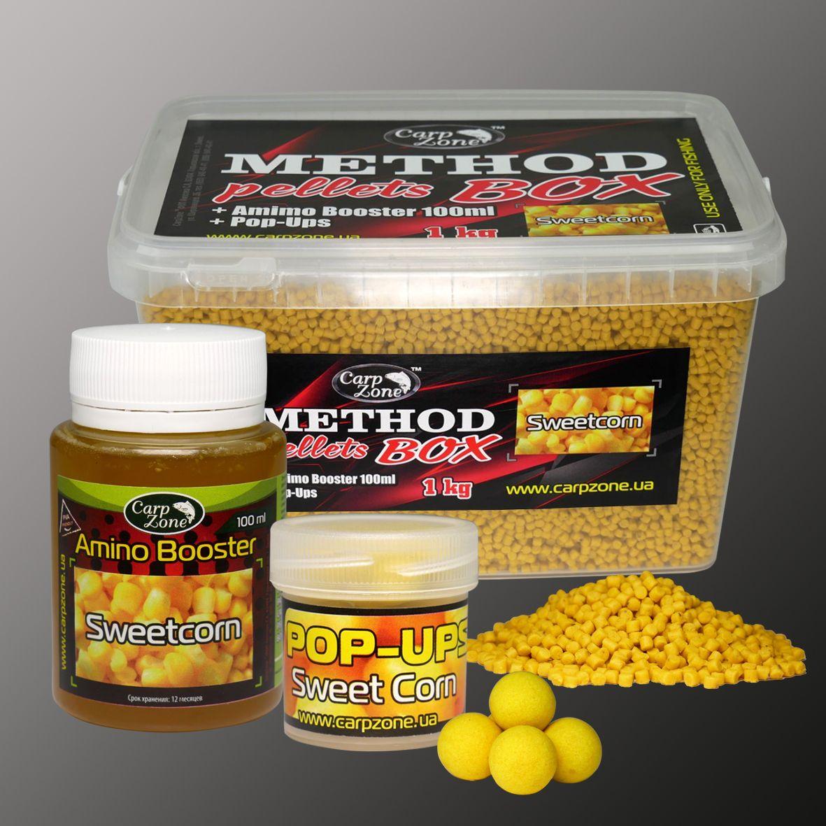 Набір Method Pellets Box Sweet Corn (Цукрова Кукурудза) 2-3mm/1kg + Amino Booster 100ml + Pop-Ups 8mm/30pc