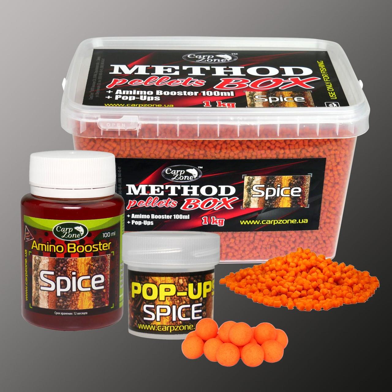 Набір Method Pellets Box Spice (Спеції) 2-3mm/1kg + Amino Booster 100ml + Pop-Ups 8mm/30pc