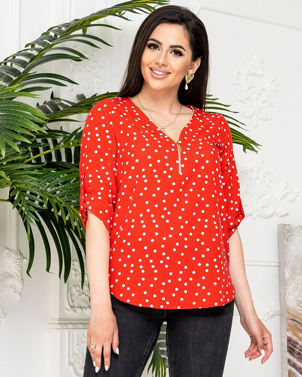 Блуза на блискавки в горох, арт. 158/1, колір червоний, фото 1