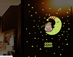 Виниловая наклейка светится в темноте на стену, на шкаф, окна "Луна и сова Good Night" 55*60см (лист 30*60см