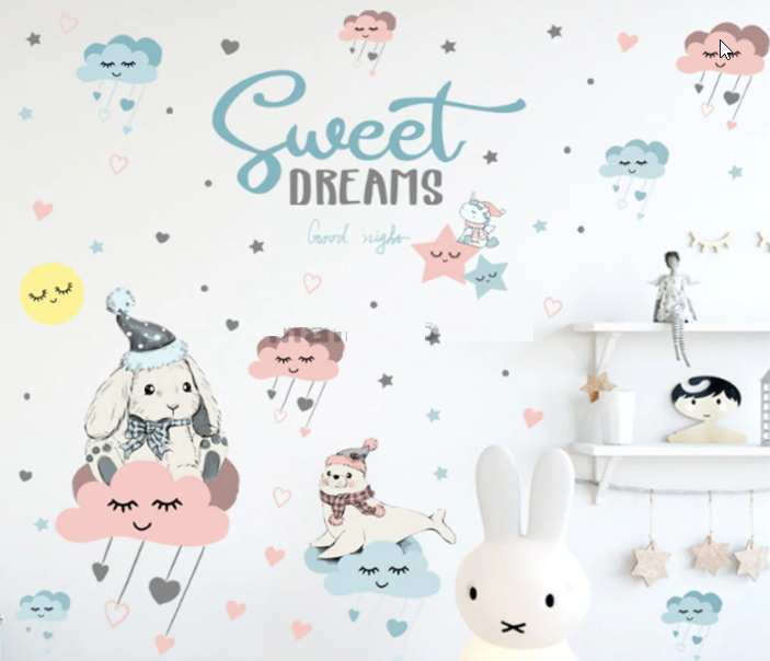 Вінілові наклейки на стіну, двері, вікна в дитячу "зайчик на тучці Sweet Dreams" 82 см*100 см (лист 60*90 см)