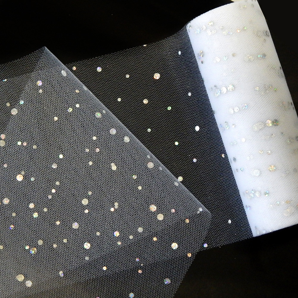 Фатин в рулончиках, ширина 15 см, в блискучий горошок, білий