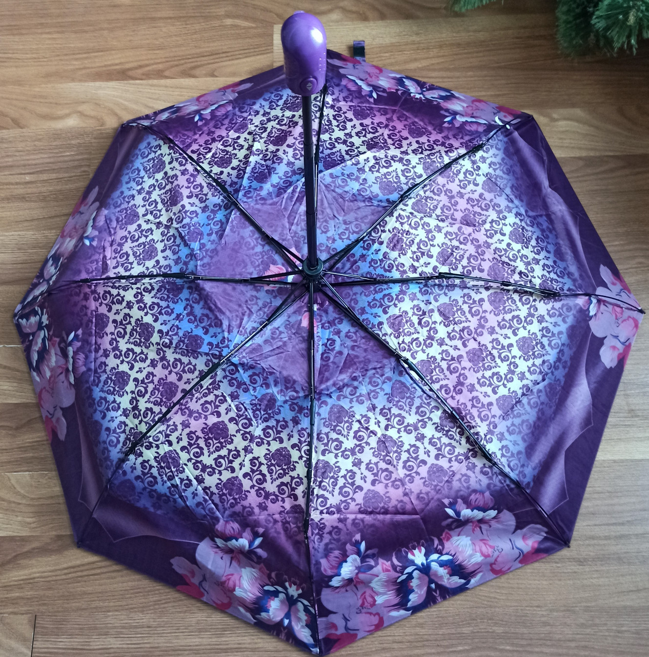 Зонт женский компактный атласный с цветочным орнаментом , автомат, 3 сложения 8 спиц с пружиной антиветер( - фото 5 - id-p1235267107