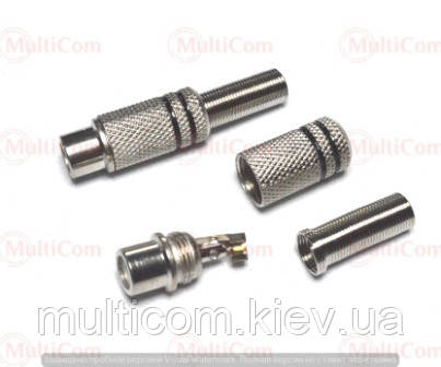 01-02-052BK. Гніздо RCA під кабель, корпус метал, з пружиною, діам.-6,5мм, сріблясте, чорна смуга