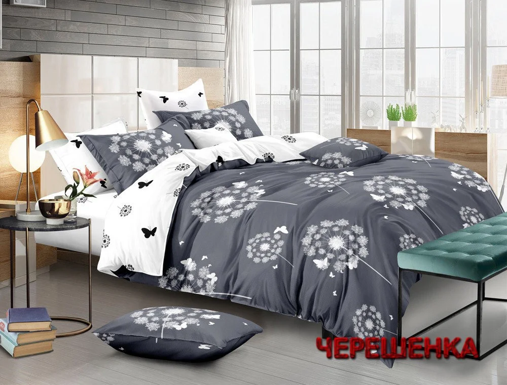 Тканина для постільної білизни 220 см на метраж Бязь "Gold" Lux GL1025B сіра з кульбабами та метеликами