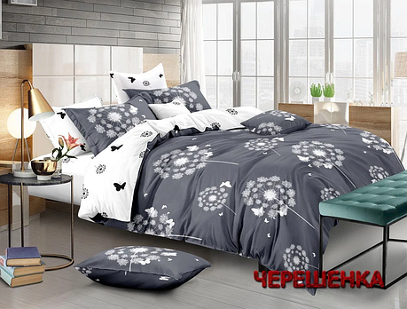 Тканина для постільної білизни 220 см на метраж Бязь "Gold" Lux GL1025B сіра з кульбабами та метеликами, фото 1