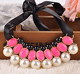 Підвіска, кольє, намисто на чорній атласній стрічці з камінням кольору теракот, фото 2