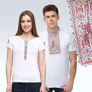 Комплект білих вишитих футболок для чоловіка та жінки ( вишнева вишивка)