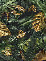 Флизелиновые 3D фото обои листья в интерьере 206 x 275 см Зеленые и золотые цветы монстеры (13803VEA)+клей
