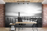 Флизелиновые 3D фото обои в морском стиле 254 x 184 см Причал маяк и закат (черно-белый) (13317V4)+клей