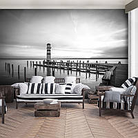 Морской пейзаж 3D фотообои 368 x 254 см Причал маяк и закат (черно-белый) (13317P8)+клей