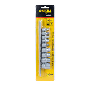 Набір насадок Torx (4шт 1/4" 4шт 3/8") з перехідником на планці 9шт CrV SIGMA (6086541), фото 2