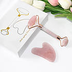 Набір ролик і скребок "галочка" для масажу ГуаШа з рожевого кварцу, фото 4