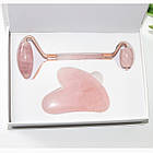 Набір ролик і скребок "галочка" для масажу ГуаШа з рожевого кварцу, фото 3